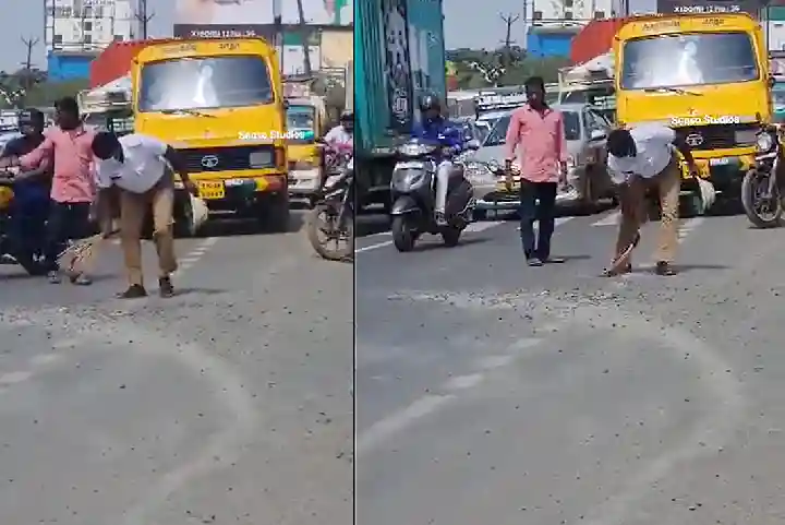 Viral Video- ट्रैफिक पुलिसकर्मी की सादगी के कायल हुए लोग, सड़क से कंकड़-पत्थर हटाने के लिए खुद लगाई झाड़ू